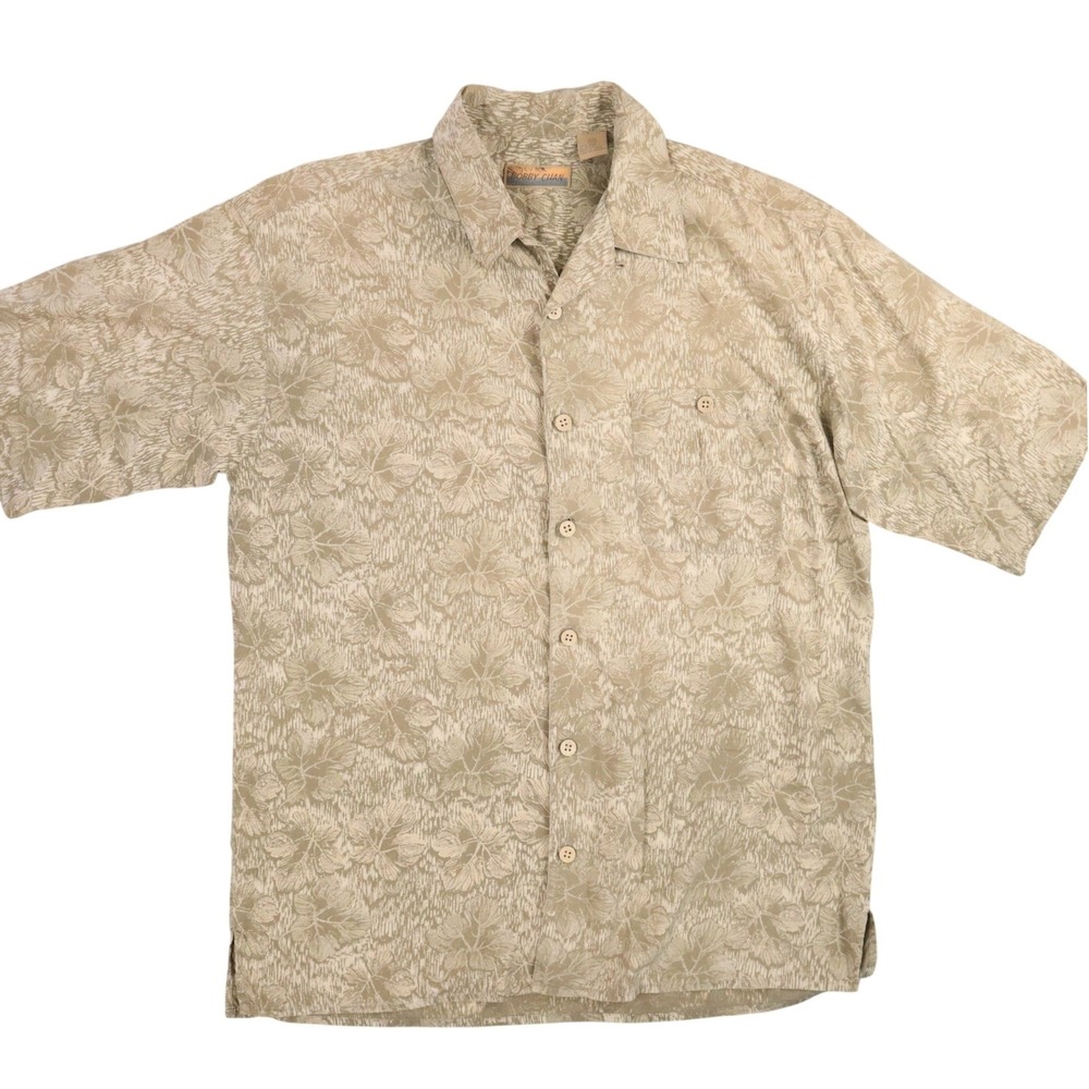 Bobby Chan Silk Camp Shirt Men M Tan Tropical Floral Leaf Vintage Hawaiian Aloha